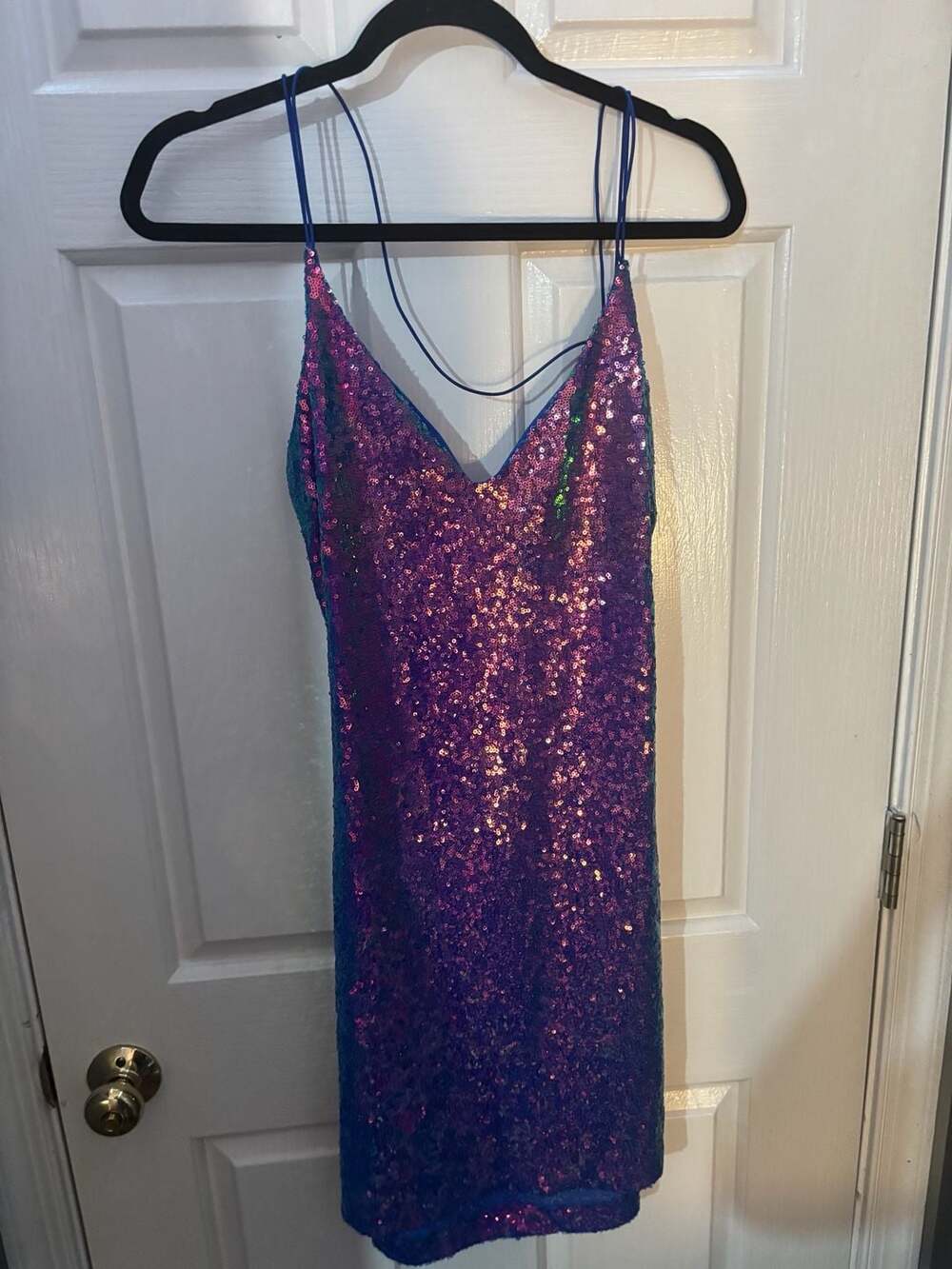 B. Darlin Pink and Blue Iridescent Sequin V-Neck Strap Mini Dress Size XL